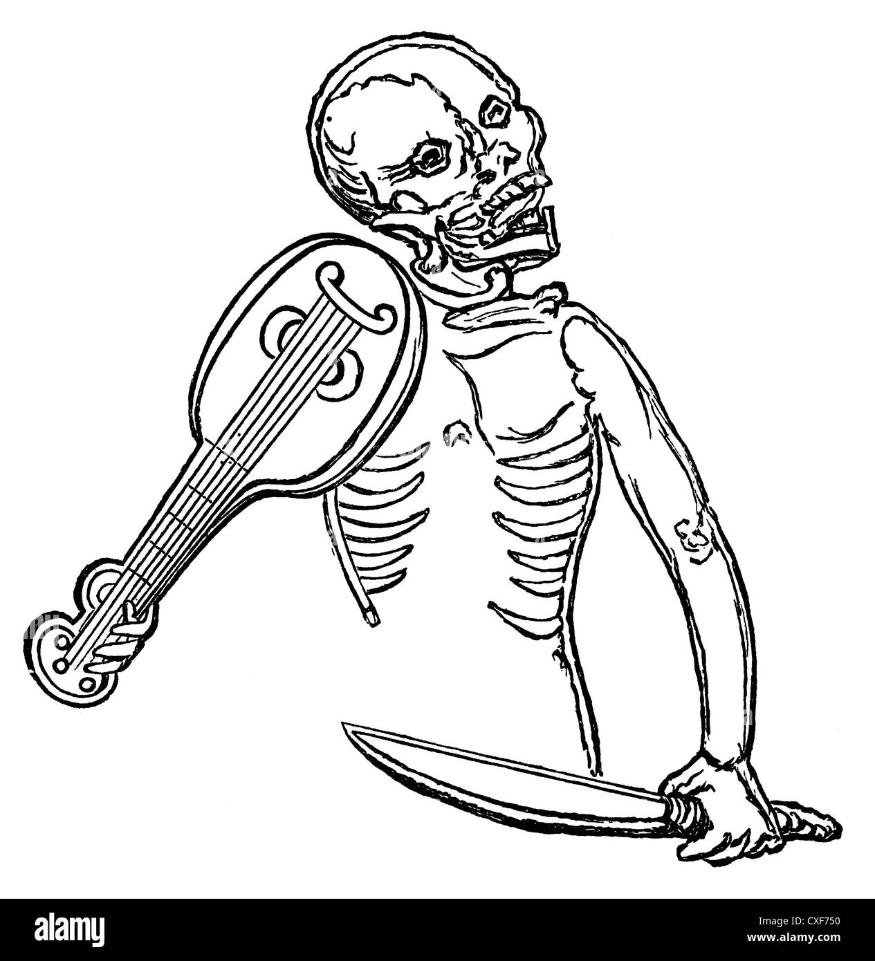 Squelette humain à jouer du violon avec un sabre, violoniste de la danse de la mort, 15ème siècle, Banque D'Images