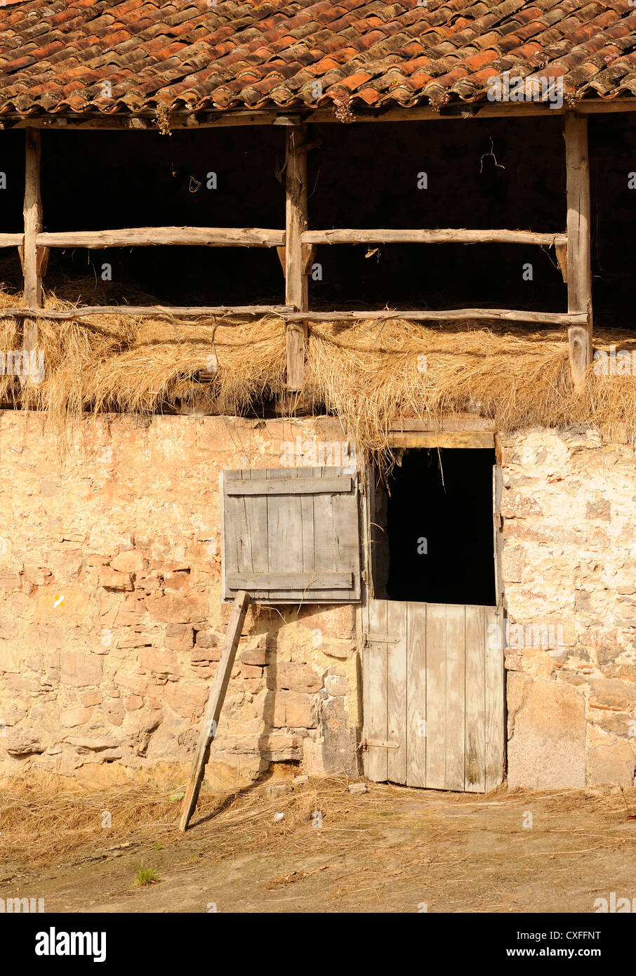 Une grange en pierre avec un toit en tuiles, grenier à foin, et une porte de l'écurie. Libardon Colunga, Espagne. Banque D'Images