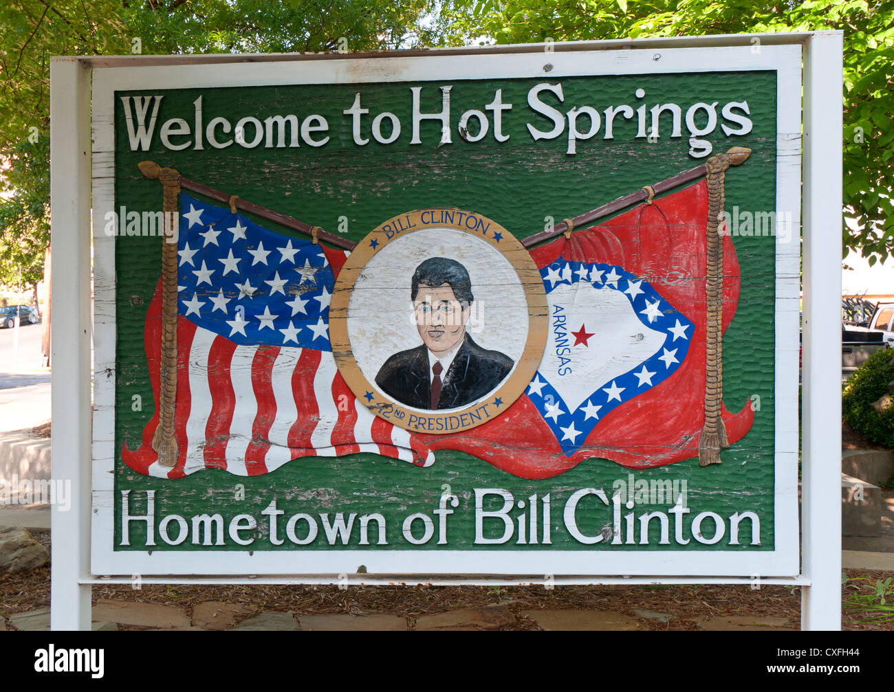 L'Arkansas, Hot Springs, Bill Clinton signe commémorant la 42e président des États-Unis. Banque D'Images