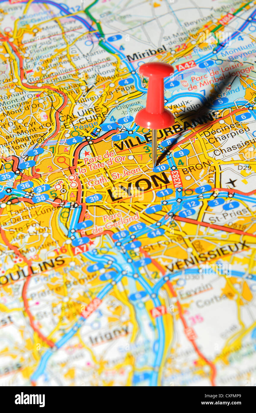 Lyon (France) sur la carte Banque D'Images