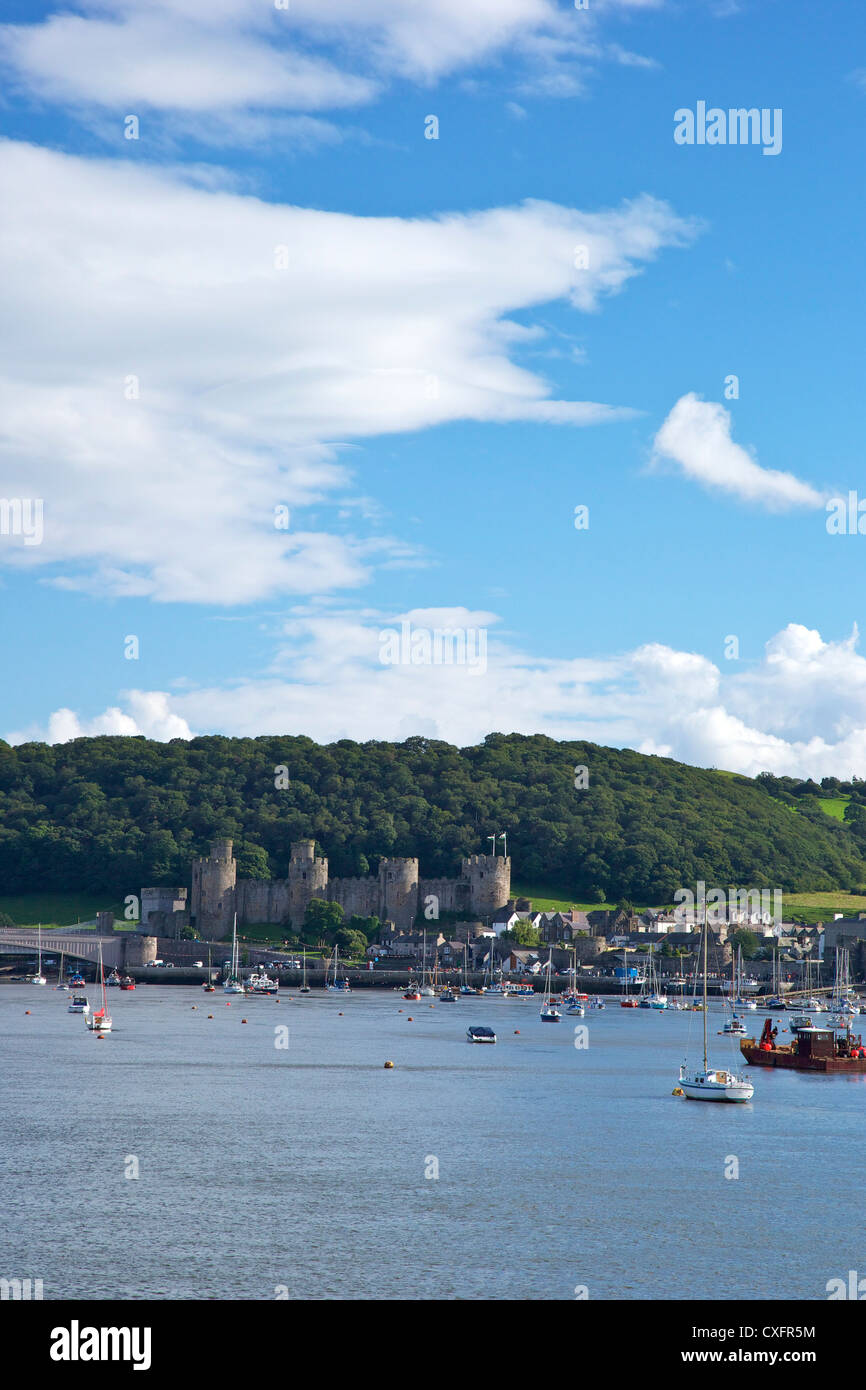 Estuaire de la rivière Conwy et château médiéval en été, Gwynned, au nord du Pays de Galles, UK, FR, British Isles, Europe Banque D'Images