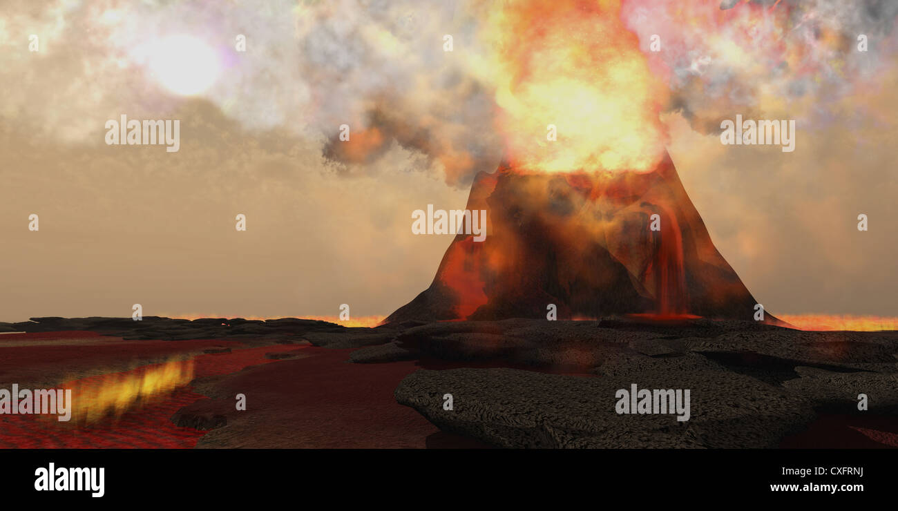 Red Hot Lava sort de la bouche d'un volcan en pleine de feu et de soufre. Banque D'Images