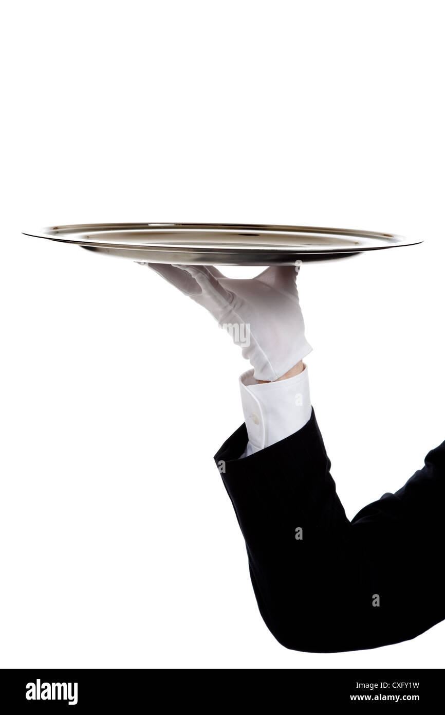 Waiter's arm holding silver tray Banque D'Images
