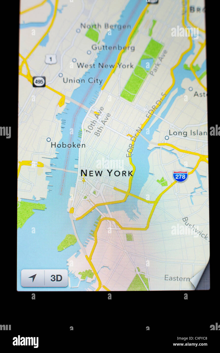 Nouvelle iOS d'Apple 6 app Plans montrant la vue de la carte/Détail de la ville de New York - sur l'écran d'un nouvel iPhone 5 Banque D'Images