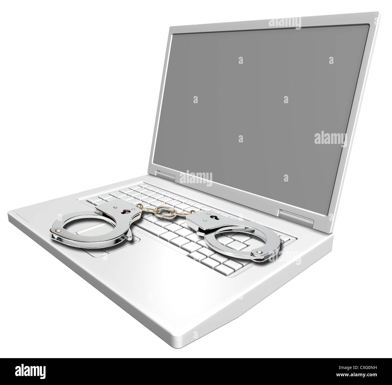 Ordinateur portable isolé sur blanc avec des menottes. Banque D'Images