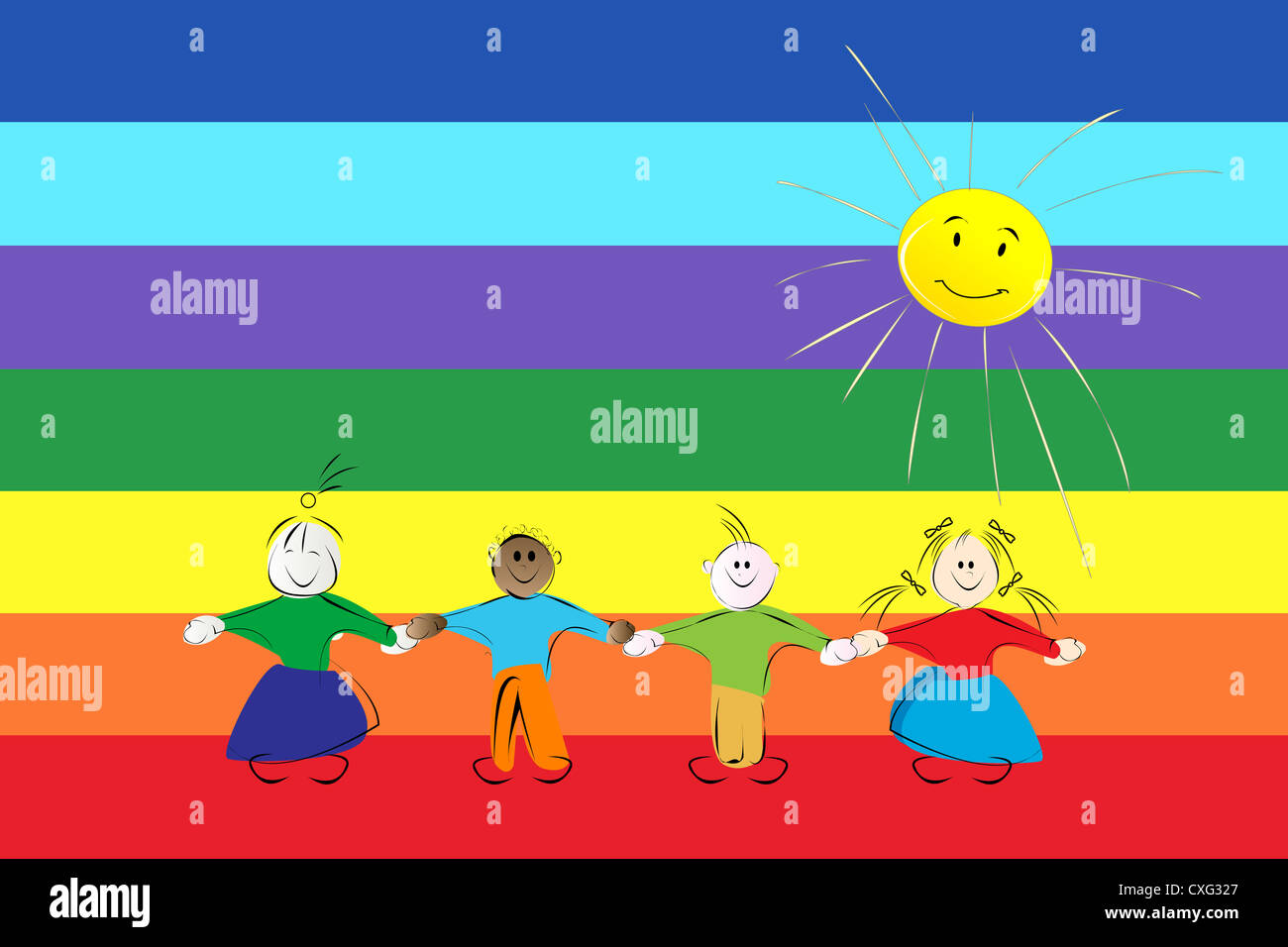 Graphique conceptuel avec les enfants plus de silhouettes un arc-en-ciel du drapeau de la paix Banque D'Images