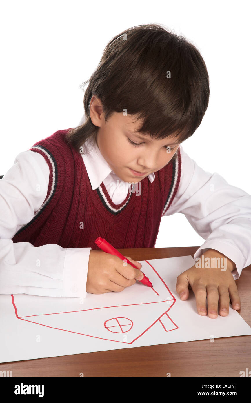 Boy drawing house Banque D'Images