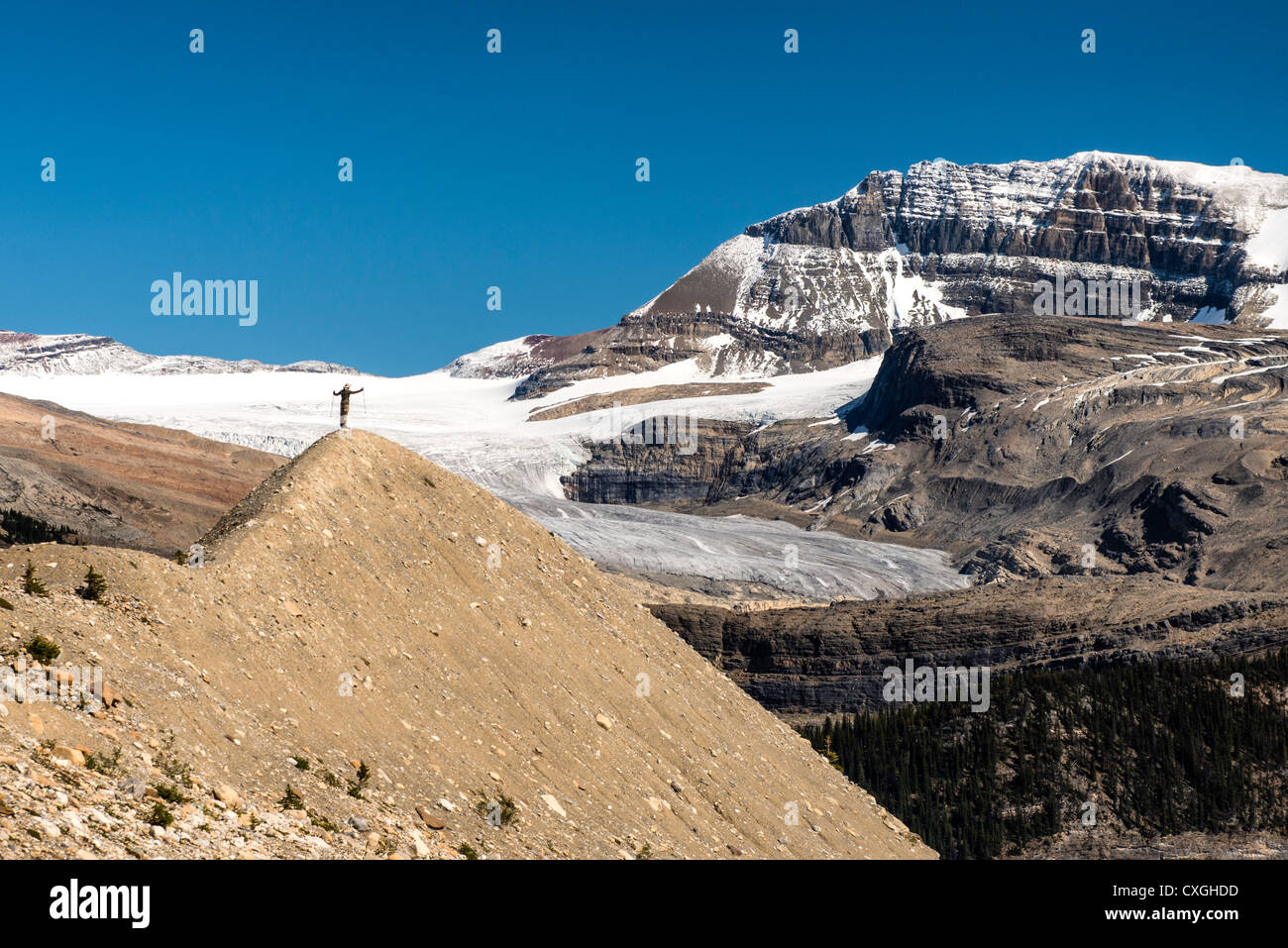 Randonneur sur sommet de montagne dans le parc national Yoho dans les Rocheuses canadiennes Banque D'Images