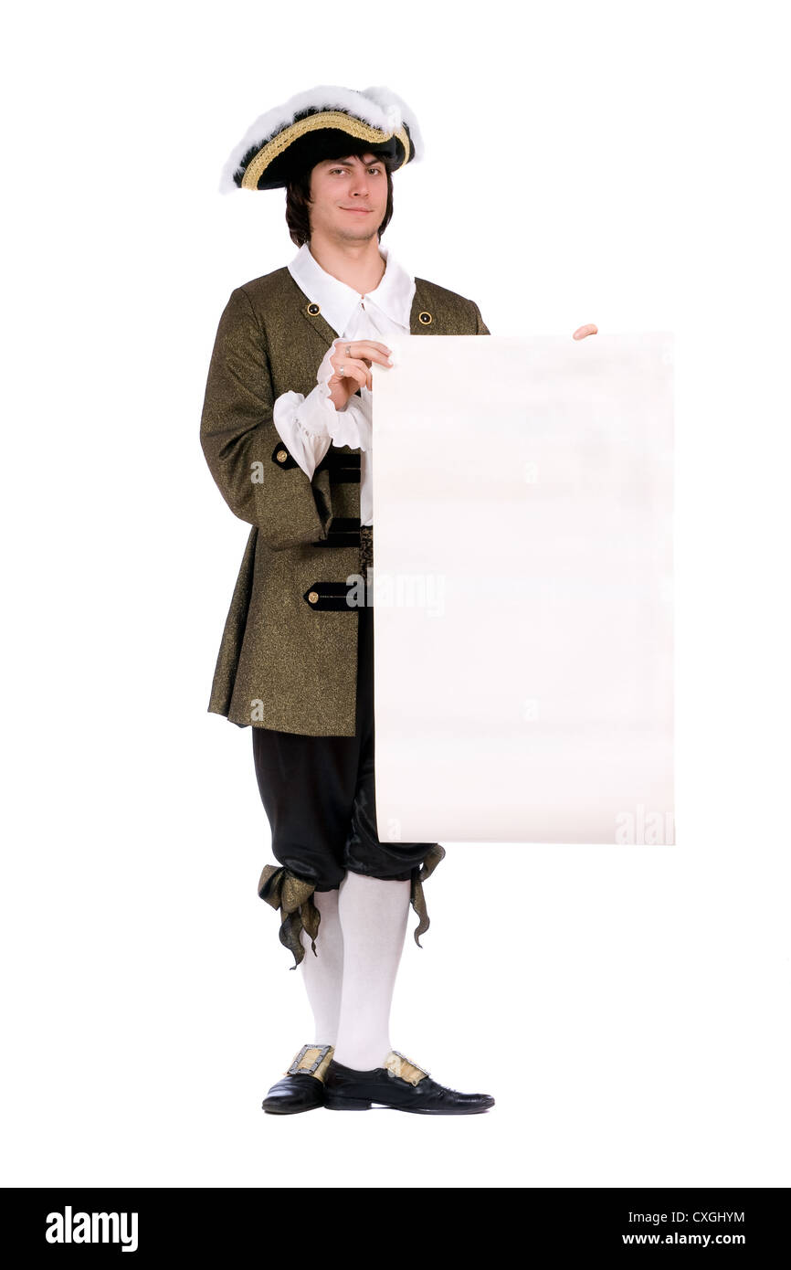 Homme dans un costume historique avec le décret. Isolé Banque D'Images