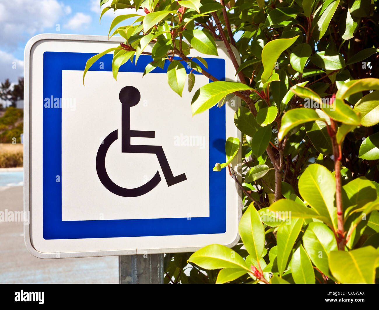 Parking voiture information métal réfléchissant signe pour personnes handicapées / utilisateurs de fauteuil roulant, France. Banque D'Images