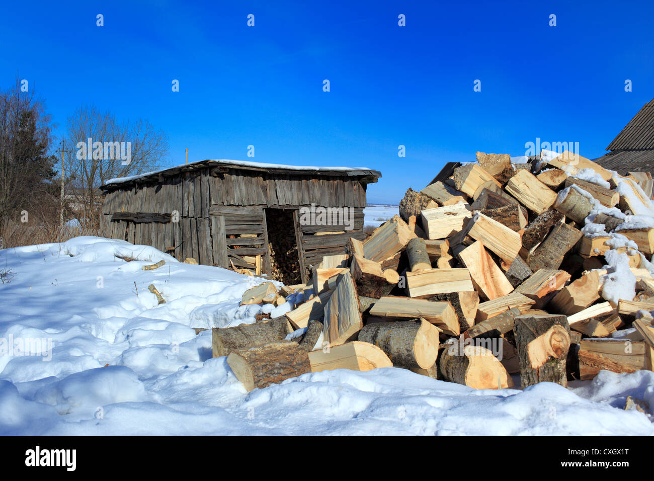 Grange et bois de chauffage, hiver, Veliki Novgorod, Novgorod Region, Russie Banque D'Images