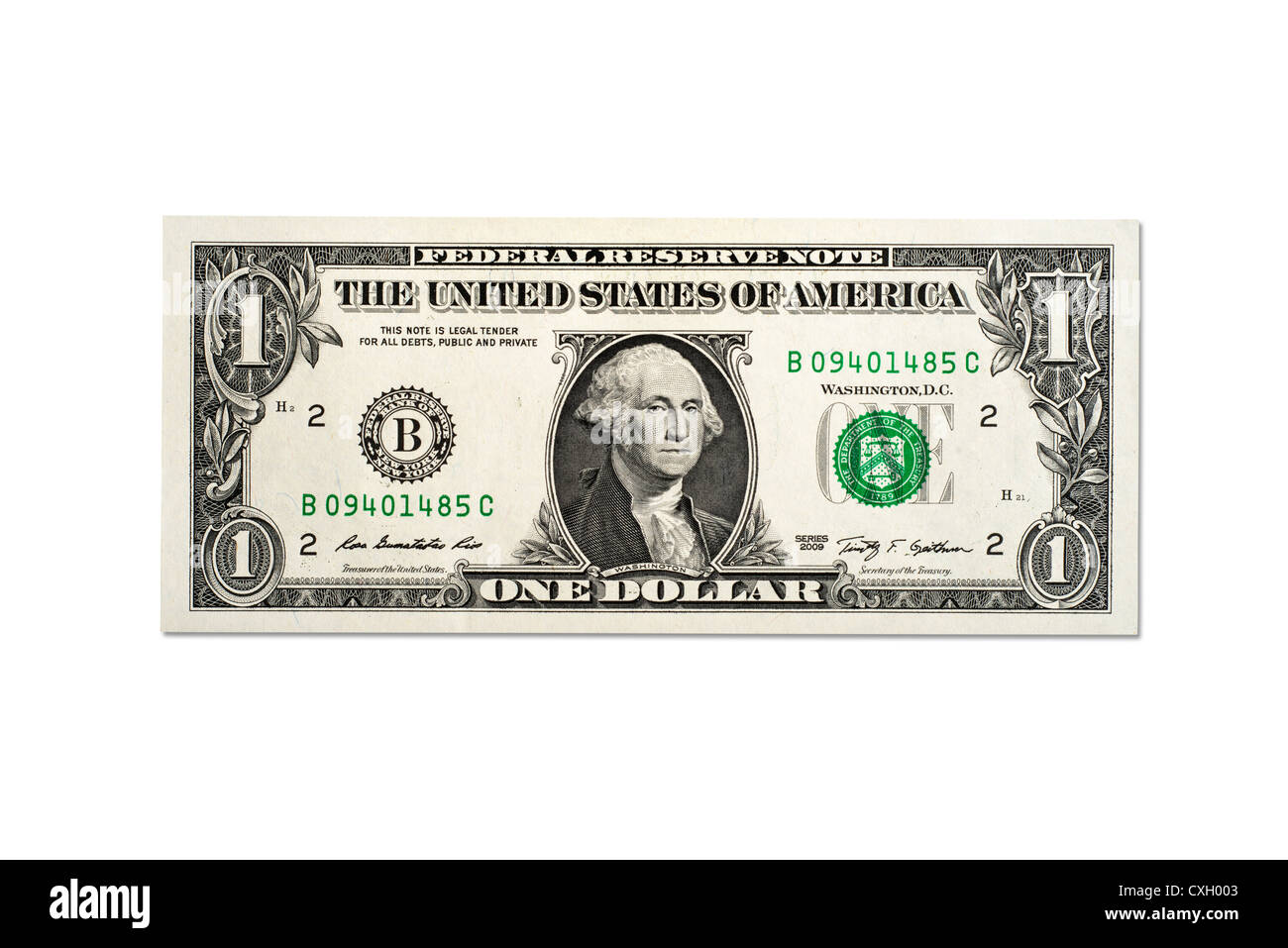 Dollar bill, One-Dollar-facture, avant, US-Dollar, isolé sur blanc 100 % Banque D'Images