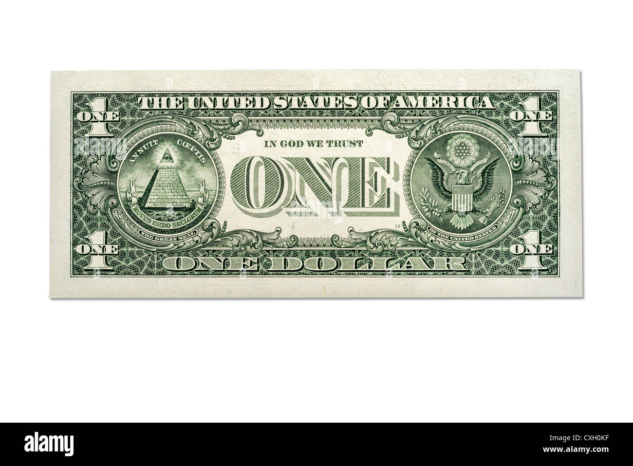 Dollar bill, One-Dollar-facture, dos, US-Dollar, isolé sur blanc 100 % Banque D'Images