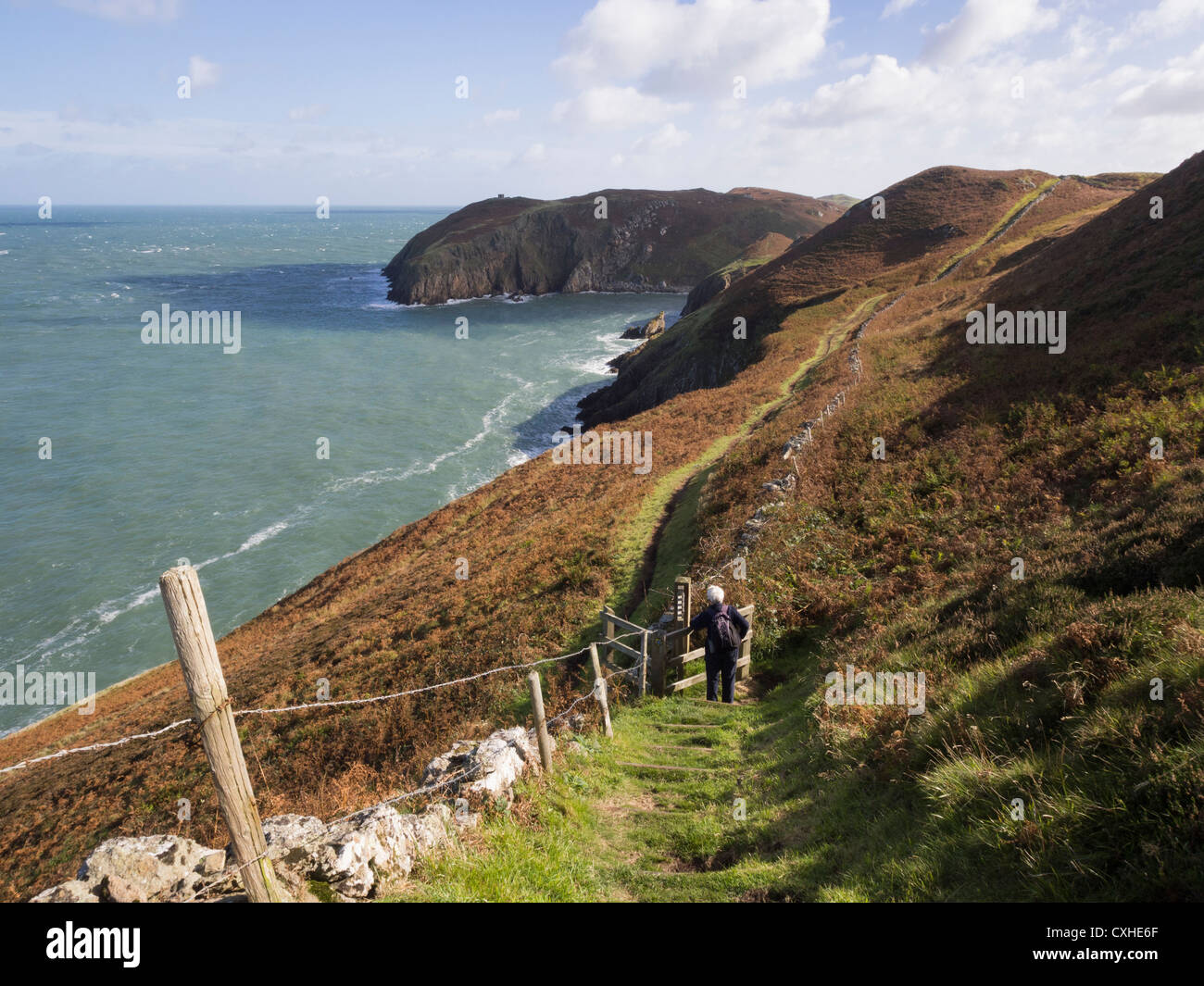 Walker walking down a l'article de l'île d'Anglesey Sentier côtier avec vue sur le long de côte sauvage près de Cemaes Anglesey au nord du Pays de Galles UK Banque D'Images