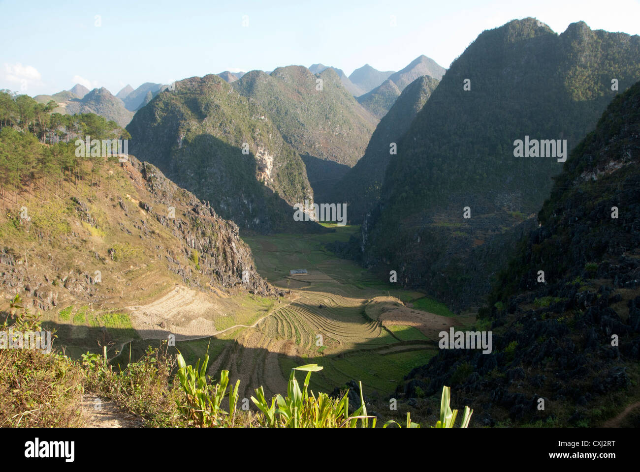 Les montagnes de calcaire et de vallées profondes, Dong Van, Ha Giang, Vietnam Banque D'Images