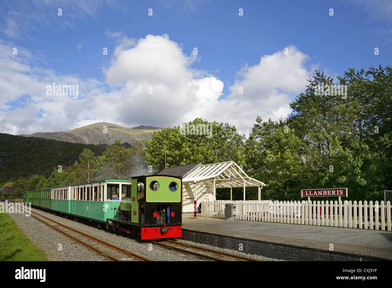 Train à vapeur à voie étroite sur l'Llanberis Lake Railway, Snowdonia, Nord du Pays de Galles. Banque D'Images