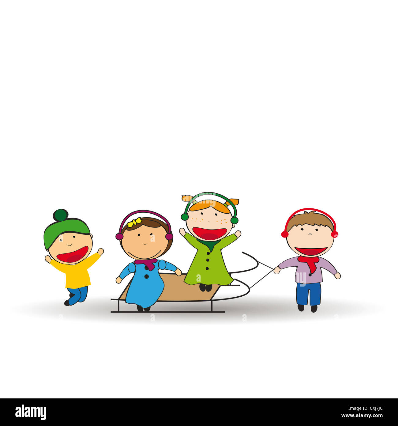 Petits et enfants heureux en hiver avec Sled Banque D'Images