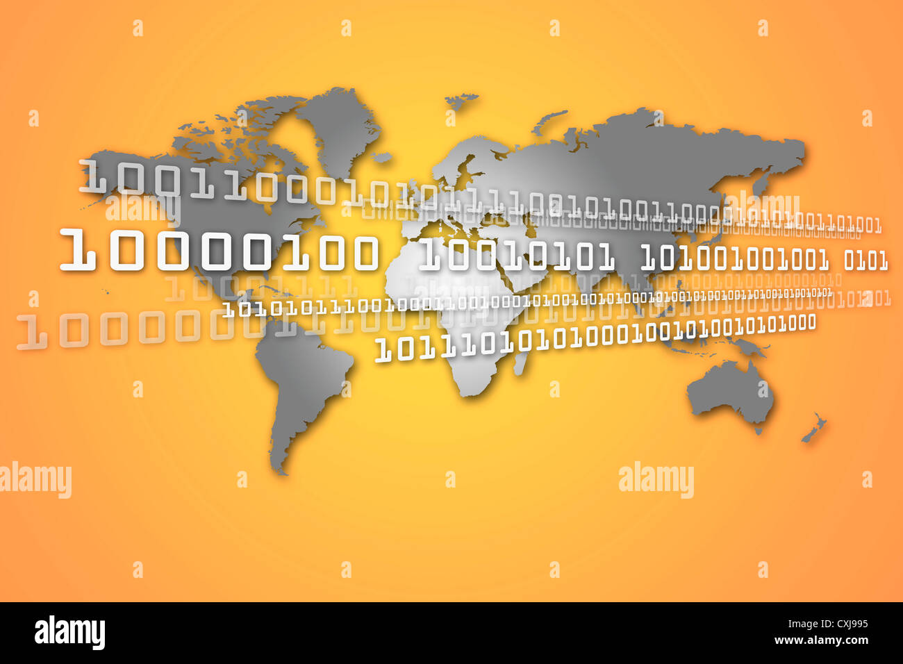 Carte du monde avec un code binaire contre fond orange Banque D'Images