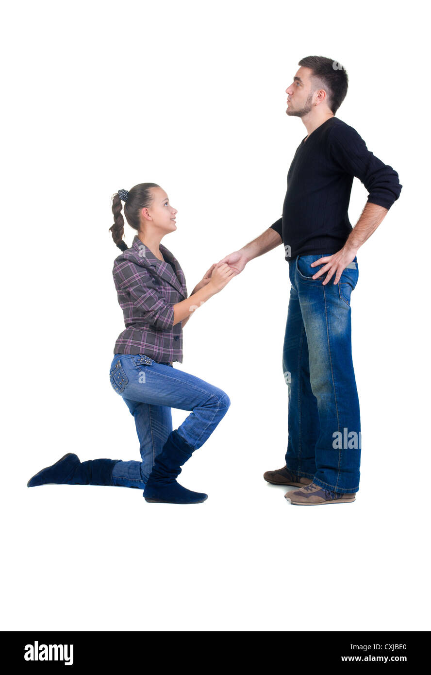 Jeune Femme Fait Une Declaration D Amour A L Homme Isolated Over White Photo Stock Alamy