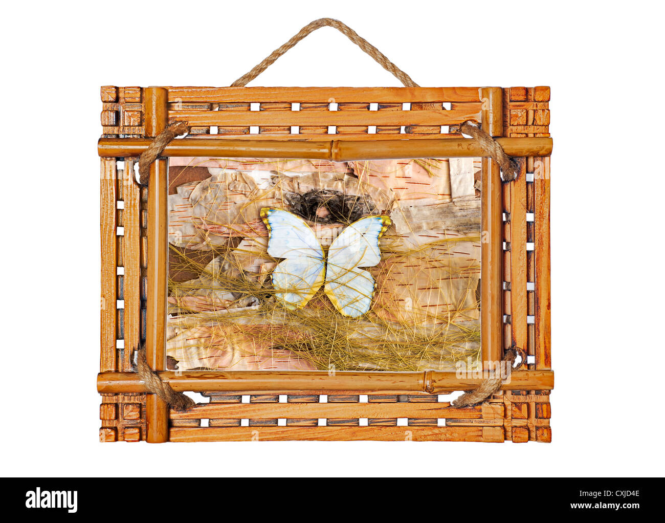Cadre photo bambou avec composition abstraite de papillons, de paille et d'écorce de bouleau isolé sur fond blanc Banque D'Images