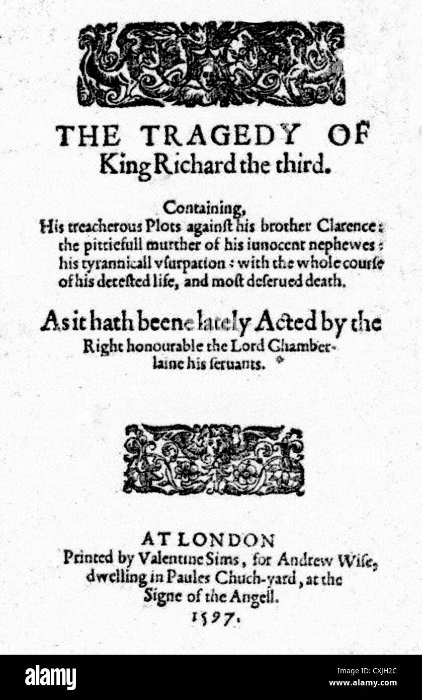 RICHARD III de Shakespeare. Page de titre de la première Quarto publié dans 1597 Banque D'Images