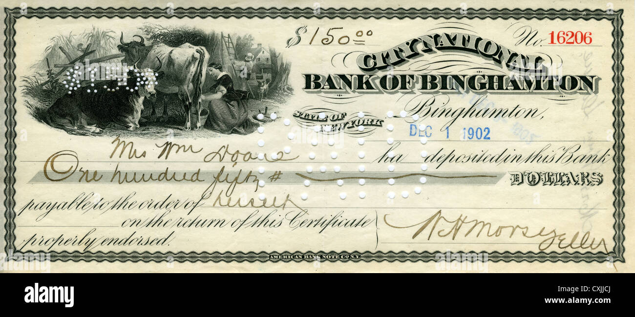 Vérifier à partir de la City National Bank de Binghampton, NY, USA. 150, 1902 Banque D'Images