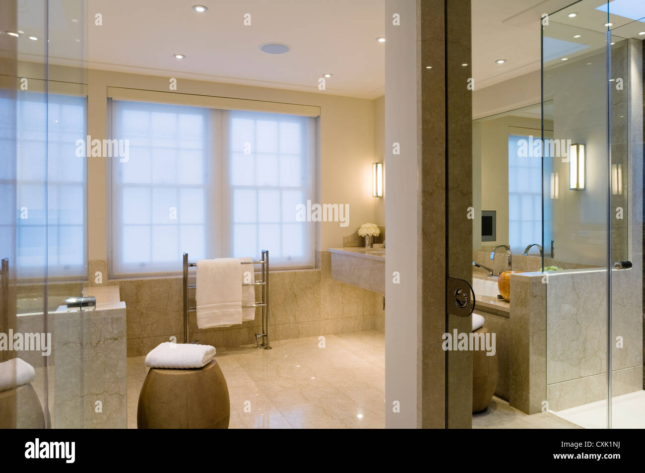 La couleur Couleurs d'intérieur salle de bain éclairée lumière serviette pliée traitement fenêtre stores à rouleau sèche-serviettes réflexion spacieux Banque D'Images