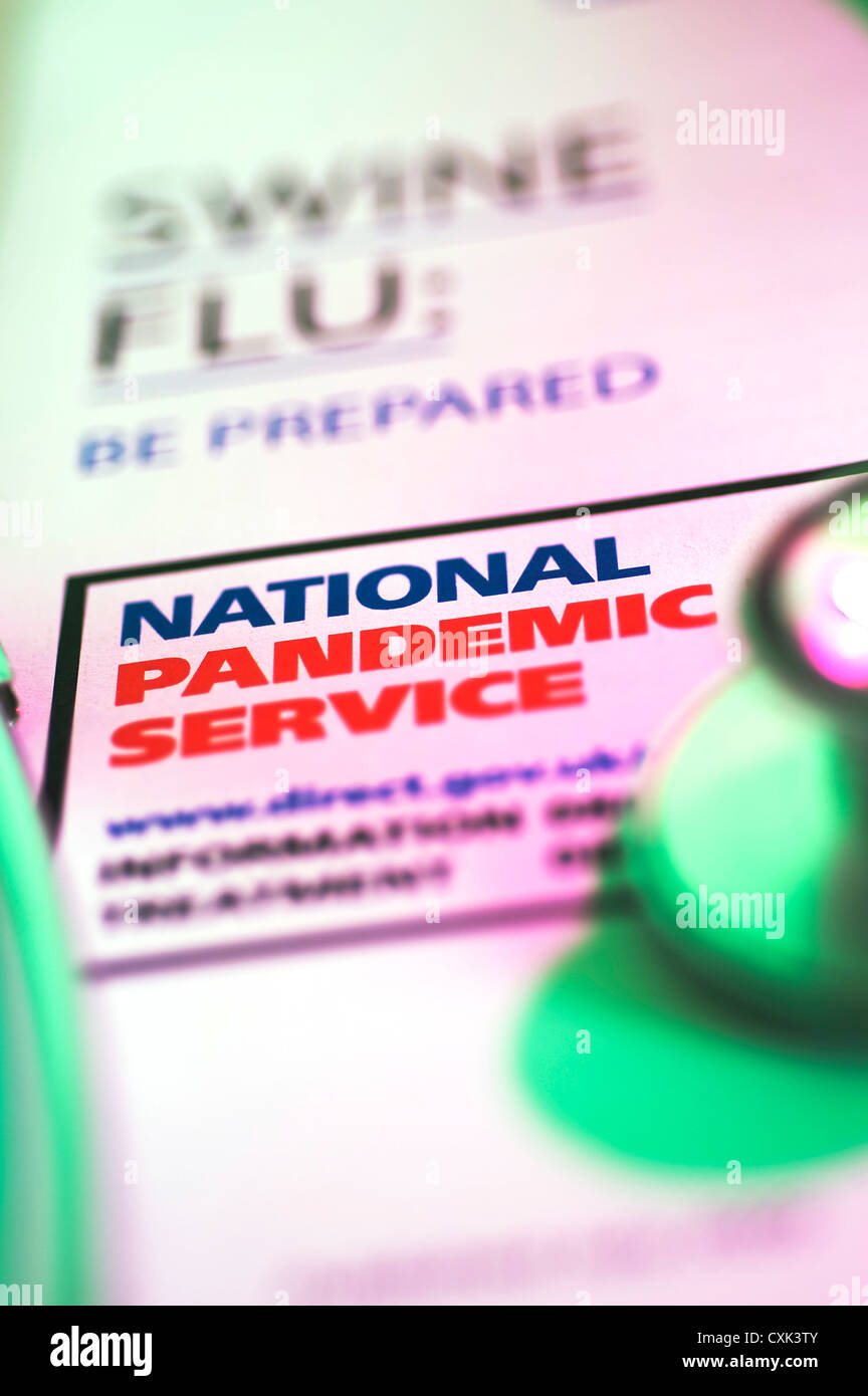 Grippe porcine se préparer à une pandémie nationale publique Gouvernement du Royaume-Uni NHS notice avec un stéthoscope Banque D'Images