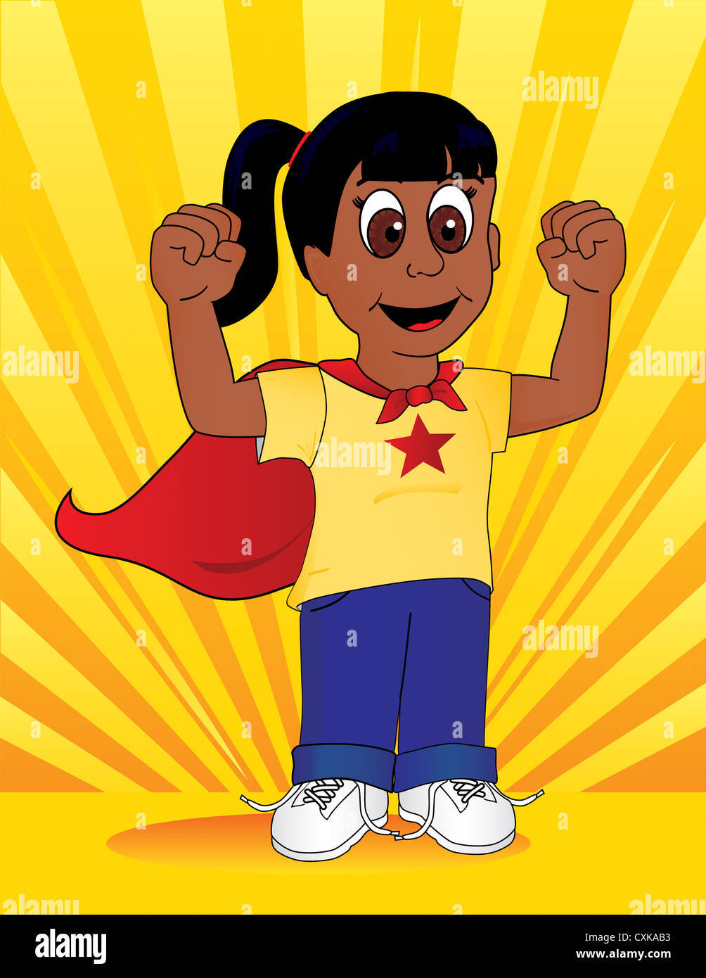 Super Hero Girl standing in front of a Sun Burst Background Banque D'Images