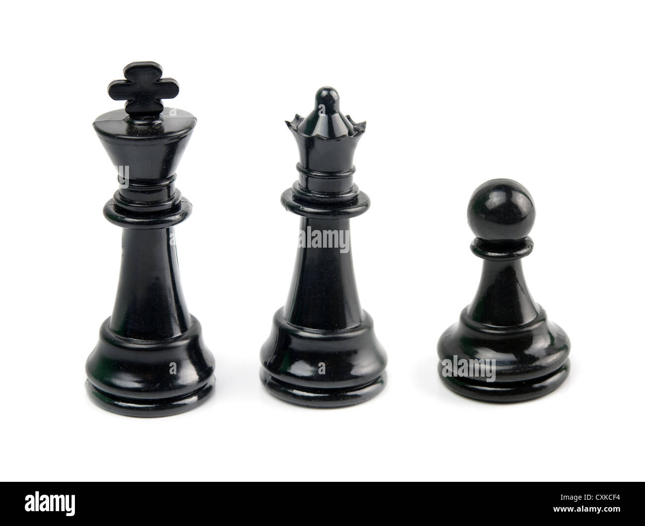 Roi noir, reine et pion est isolated on white Banque D'Images