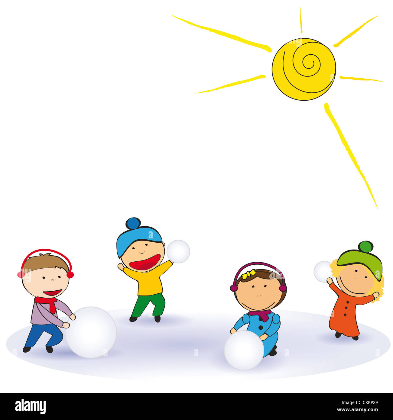 Les petits enfants heureux et en hiver avec de la neige Banque D'Images