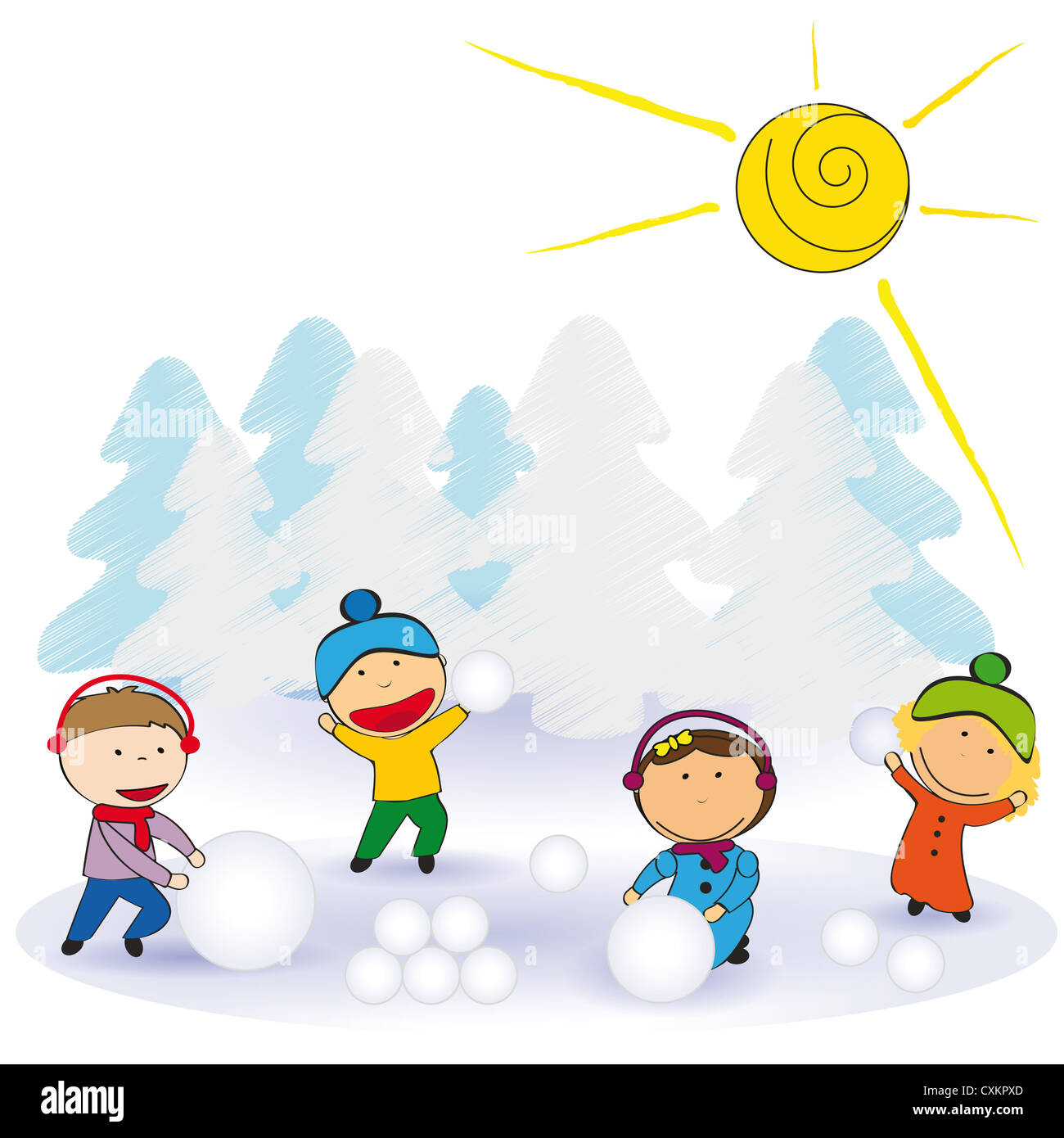 Les petits enfants heureux et en hiver avec de la neige Banque D'Images