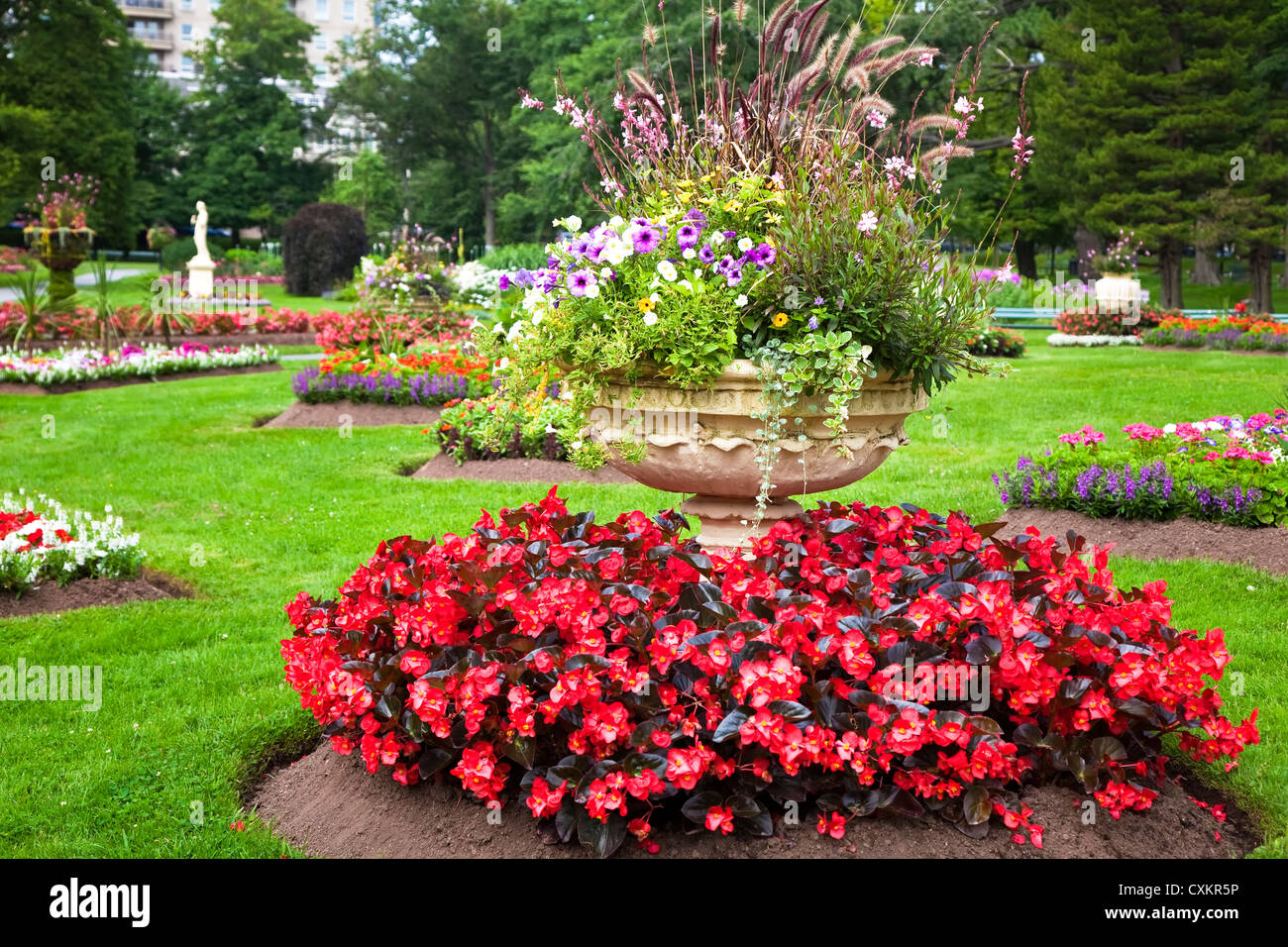 Ciment orné de grandes jardinières remplies de fleurs annuelles dans le jardin d'été. Banque D'Images