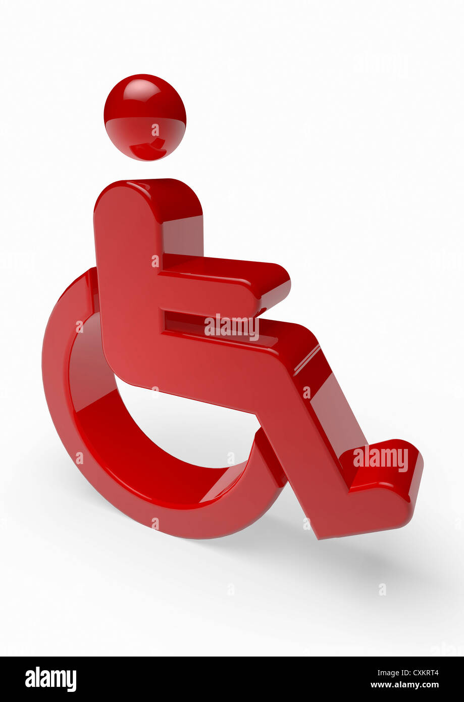 Symbole désactivé. Rendu tridimensionnel d'un symbole rouge d'invalidité de fauteuil roulant sur un fond blanc - image conceptuelle Banque D'Images