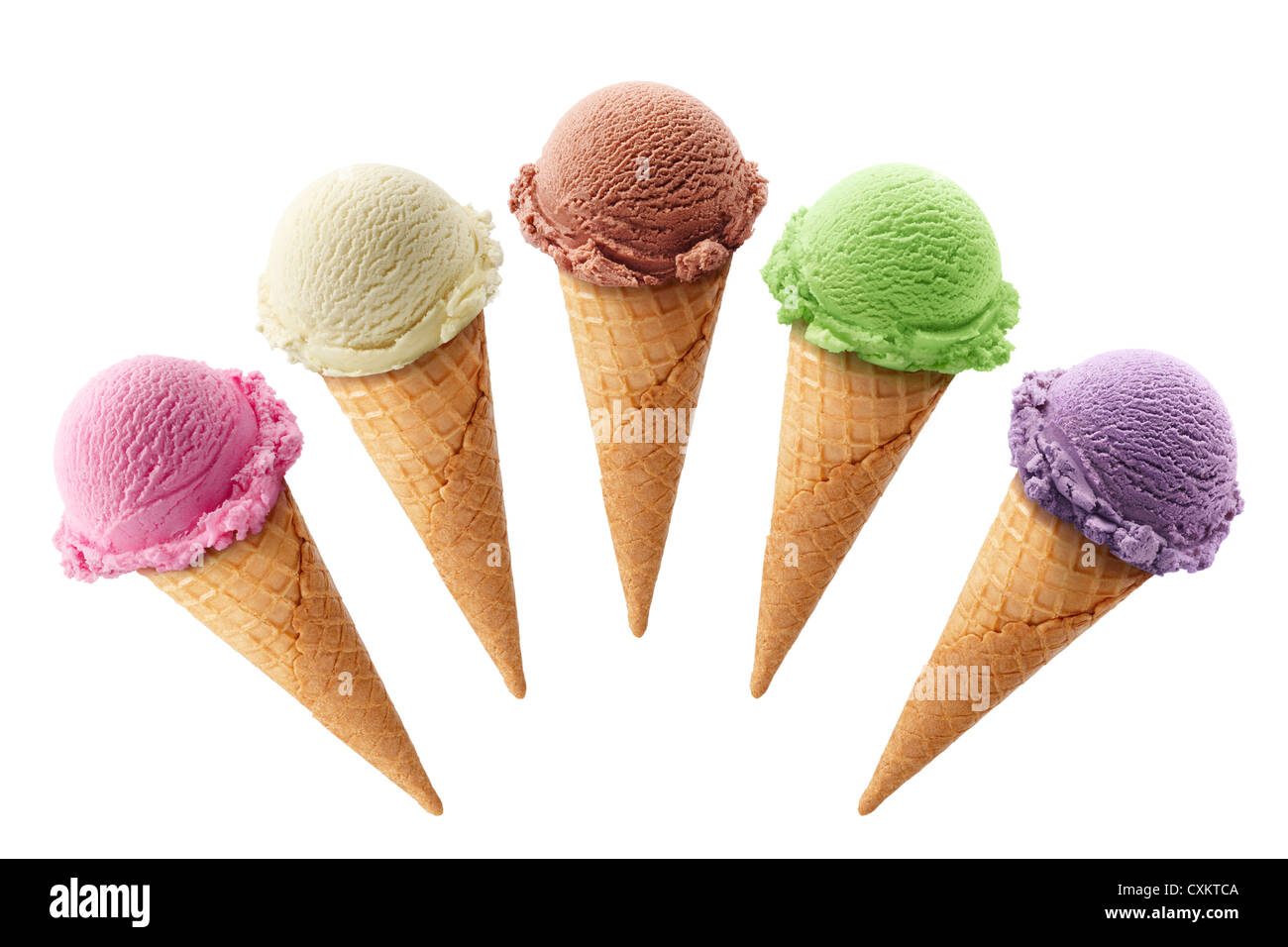 Cinq des glaces avec les cônes dans différentes saveurs Banque D'Images
