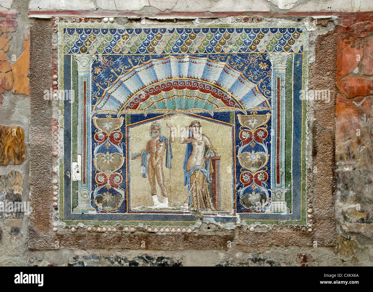 Mosaïque de Neptune et de Amphifrite 79 annonce à l'ancienne ville romaine/lieu d'Herculanum (Grèce) Banque D'Images