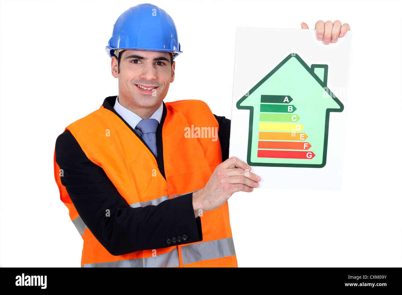 L'homme avec l'évaluation énergétique sign Banque D'Images