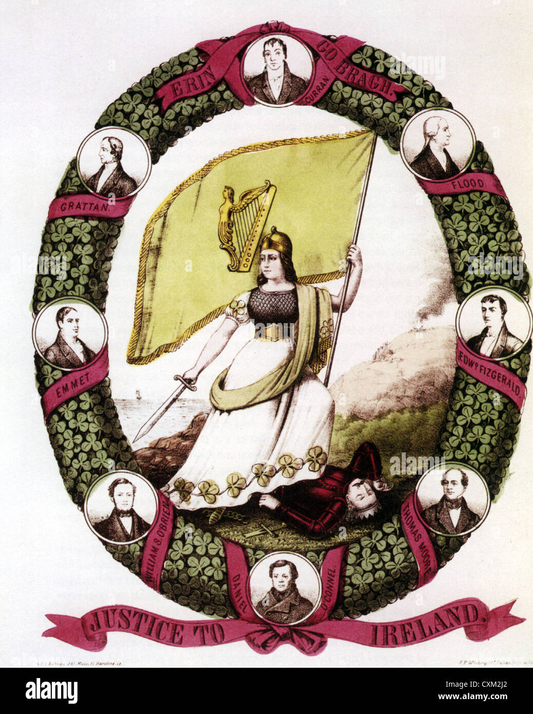 Une bannière FENIANS 1866 Lithographie à couronne contenant différents portraits de patriotes irlandais - voir description ci-dessous Banque D'Images