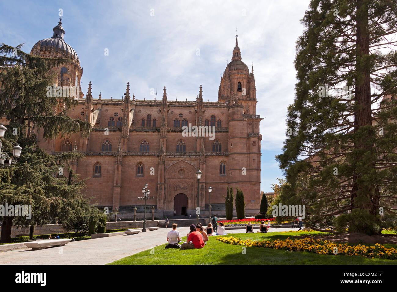 Les élèves assis sur l'herbe en collège Anaya et Square, en face de la Cathédrale, Salamanque, Castille Leon Espagne Europe Banque D'Images
