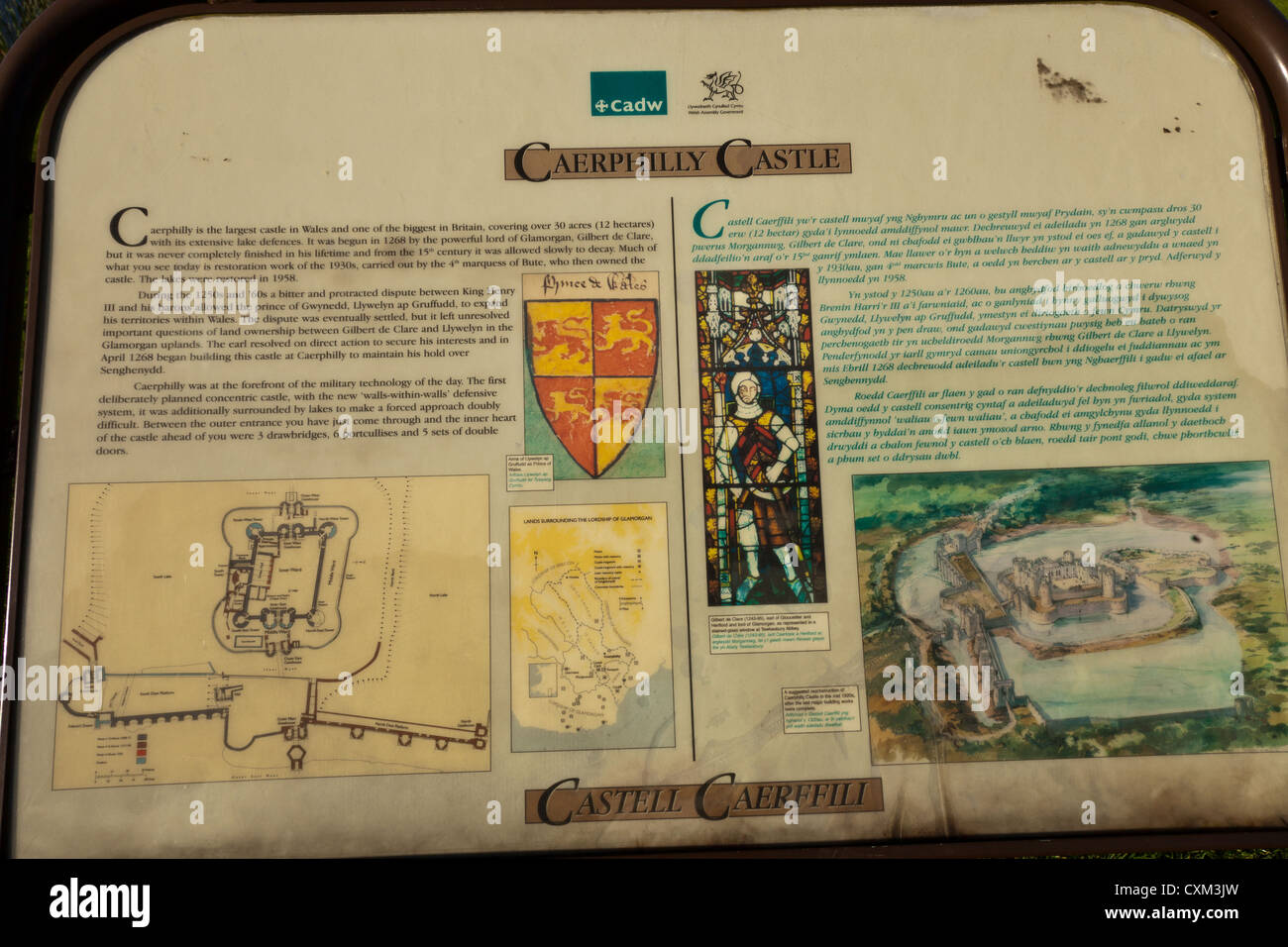 Château de Caerphilly avis explication historique conseil, expliquant l'histoire et les faits concernant le château. Banque D'Images