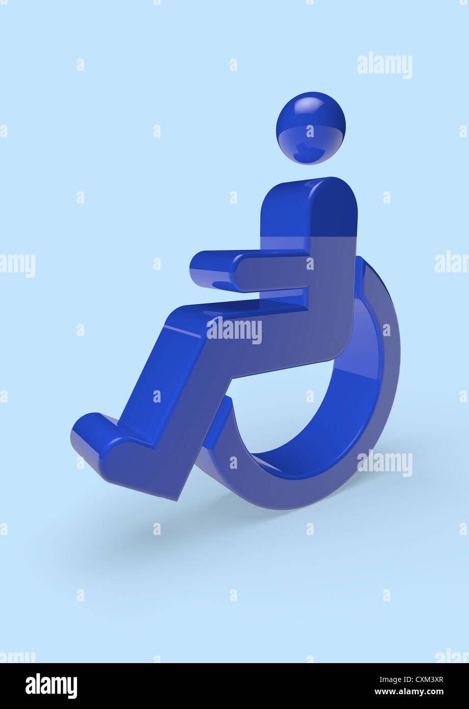 Symbole désactivé. Rendu tridimensionnel d'un symbole bleu d'invalidité pour fauteuil roulant sur un fond bleu clair - image conceptuelle Banque D'Images