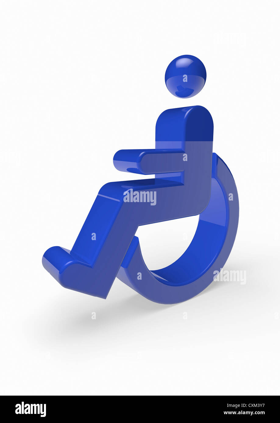 Symbole désactivé. Rendu tridimensionnel d'un symbole bleu d'invalidité pour fauteuil roulant sur un fond blanc - image conceptuelle Banque D'Images