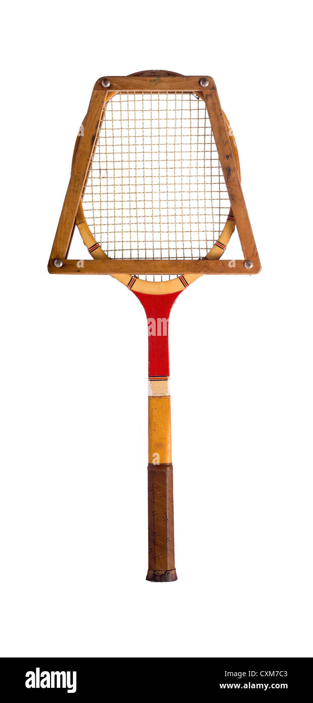 Une raquette de tennis vintage sur fond blanc Banque D'Images