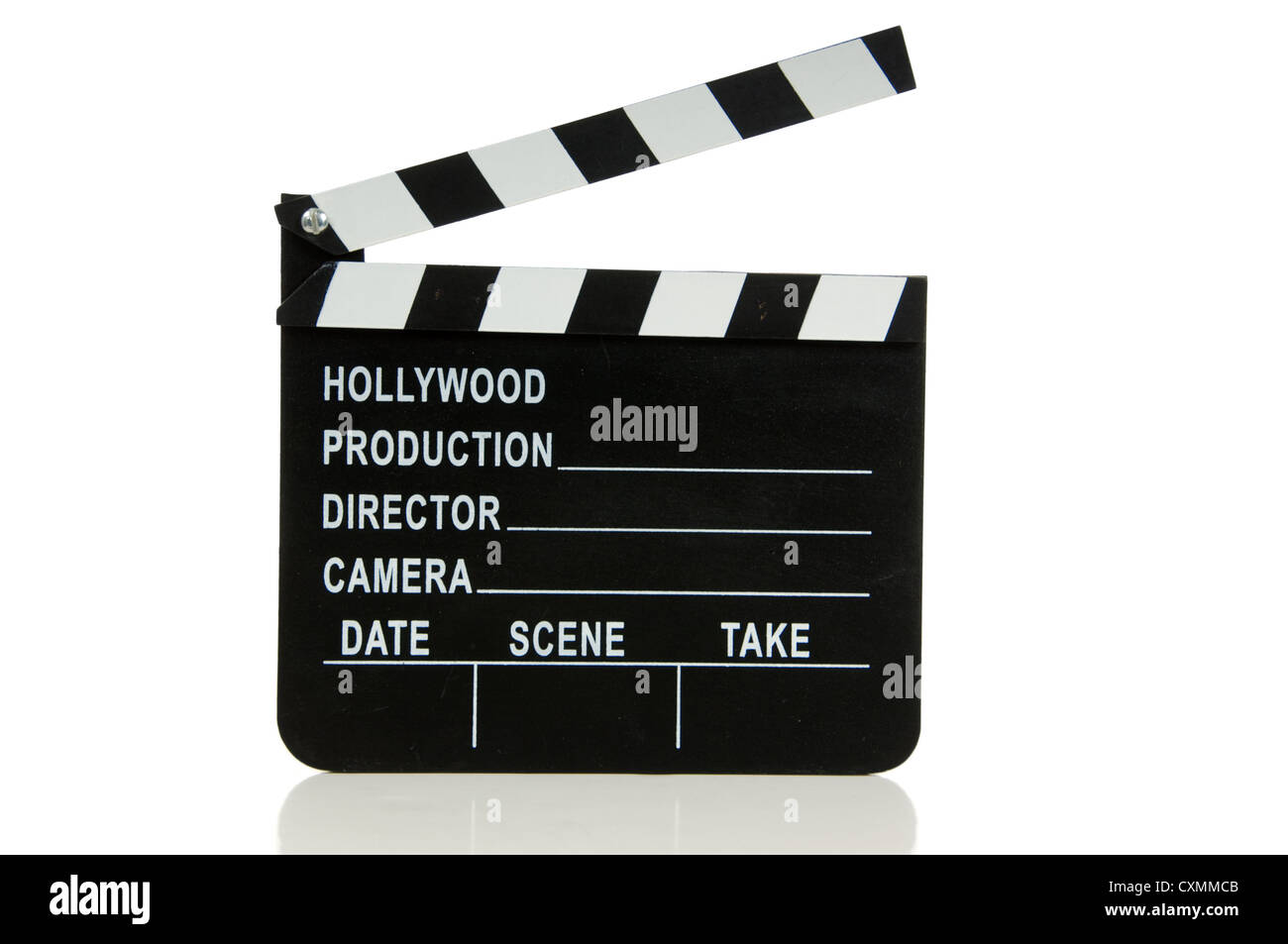 Clap hollywoodien sur fond blanc Banque D'Images