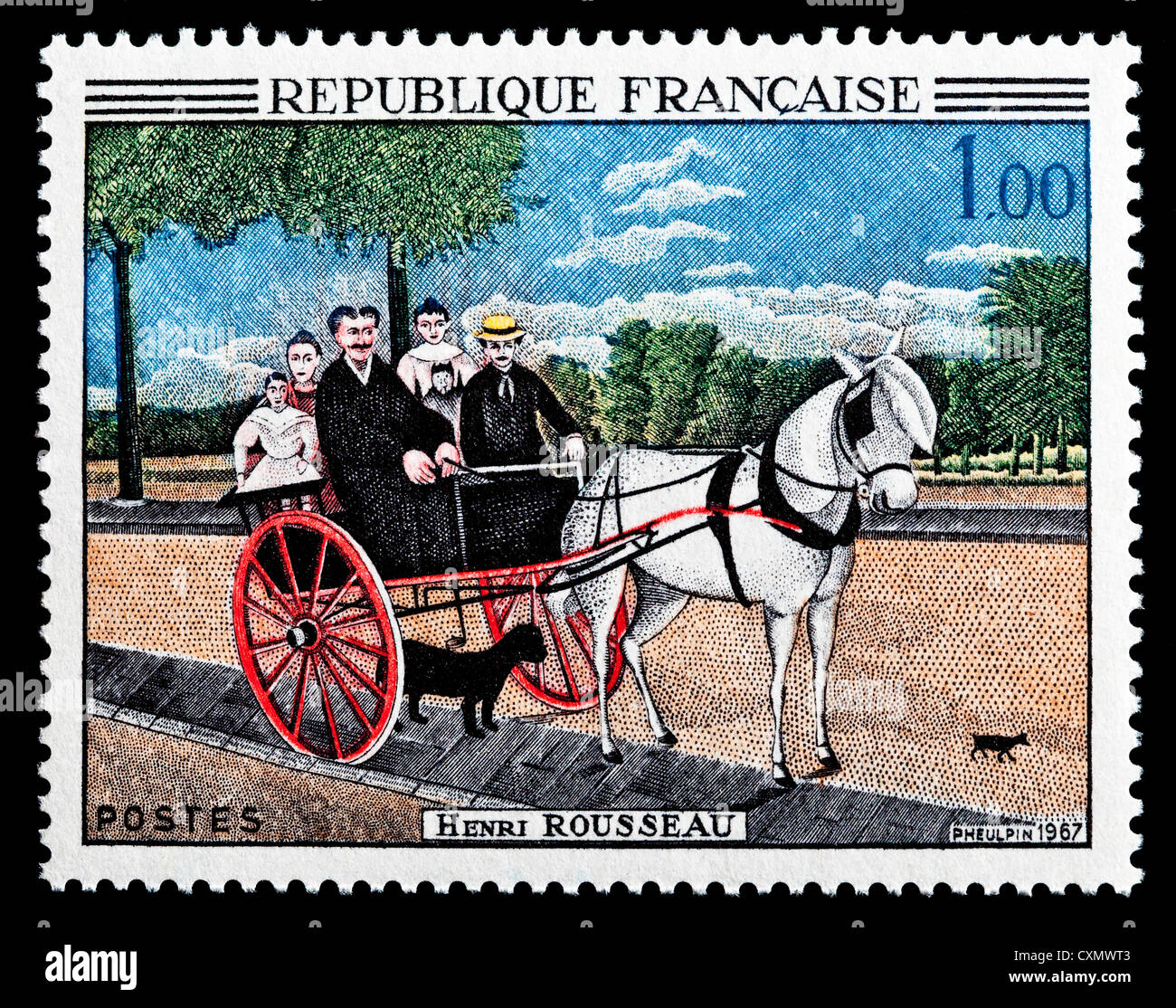 Timbre français de 1967 non utilisés représentant 'Le Carriole du Père Juniet' par Henri Rousseau. Banque D'Images