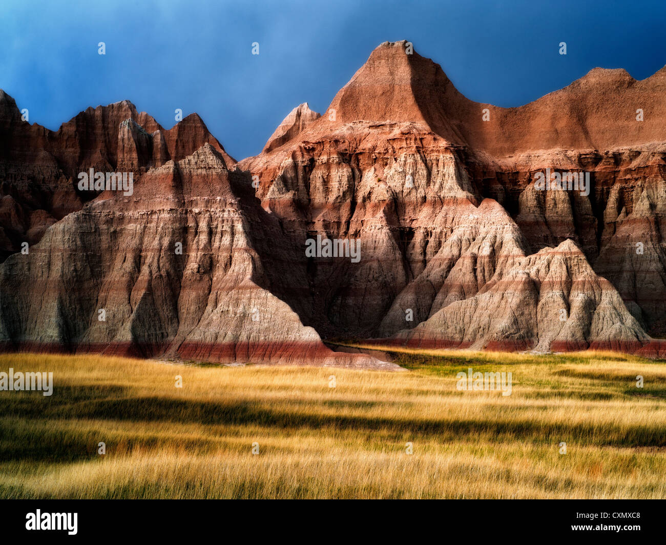 Grass meadow et roches colorées. Badlands National Park (Dakota du Sud). Banque D'Images