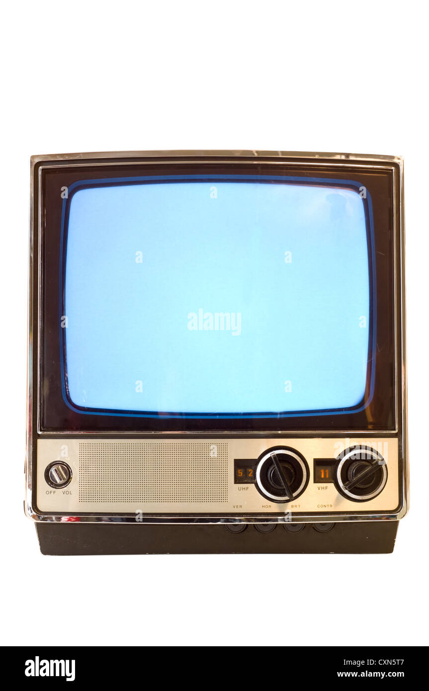 Vintage téléviseur allumé avec l'écran, écran de neige pourrait être utilisé pour copier l'espace, sur fond blanc Banque D'Images