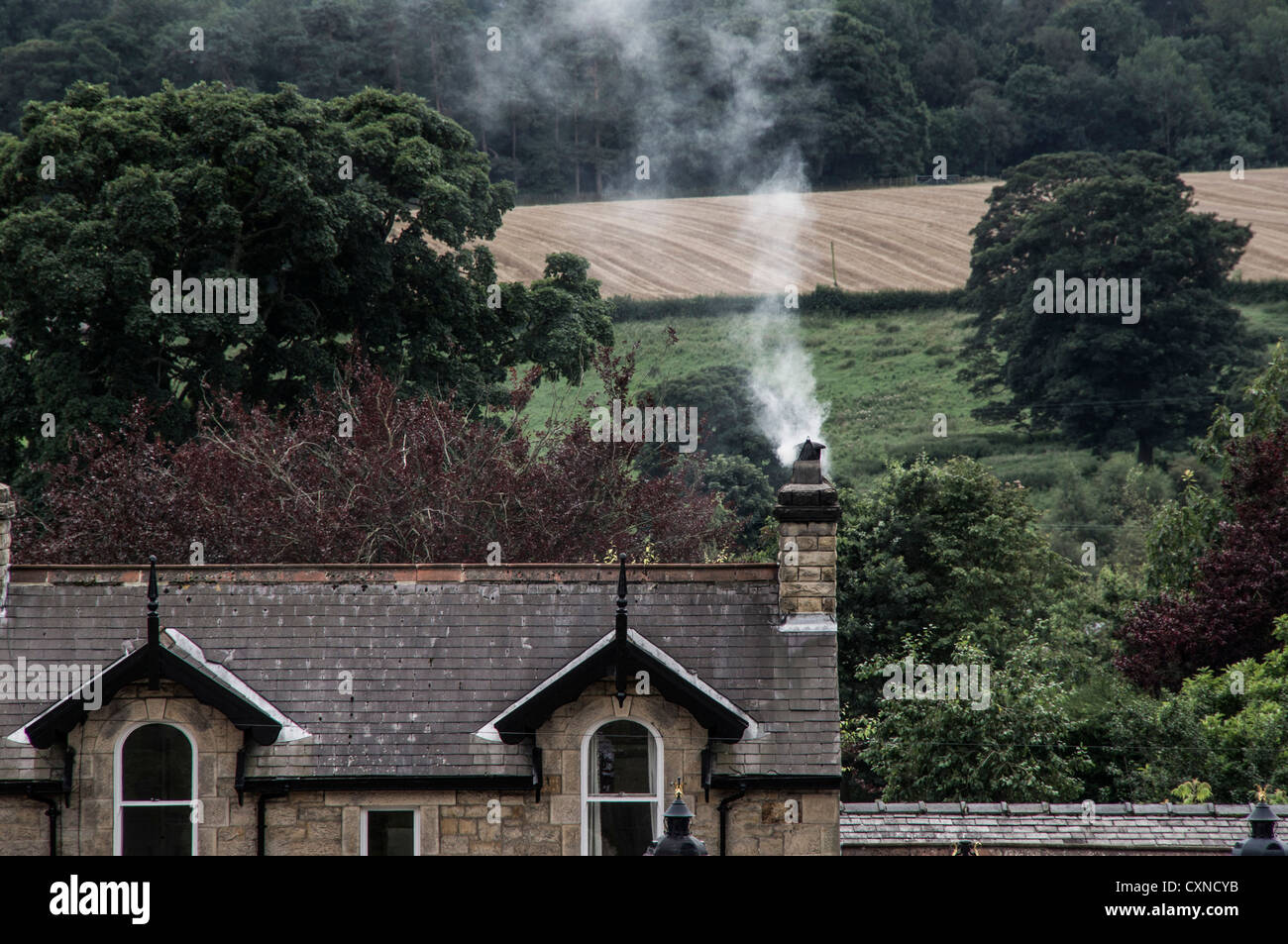 Cottage fumeurs cheminée - le charbon utilisé pour le chauffage. Le comté de Durham, Angleterre, 2012. Banque D'Images Cottage fumeurs cheminée - le charbon utilisé pour le chauffage. Le comté de Durham, Angleterre, 2012. Banque D'Images