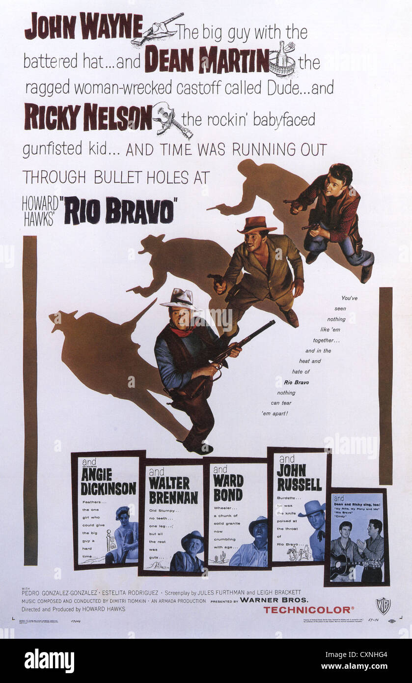 RIO BRAVO pour l'affiche 1959 Warner Bros film Western avec John Wayne, Dean Martin et Ricky Nelson, réalisé par Howard Hawks Banque D'Images