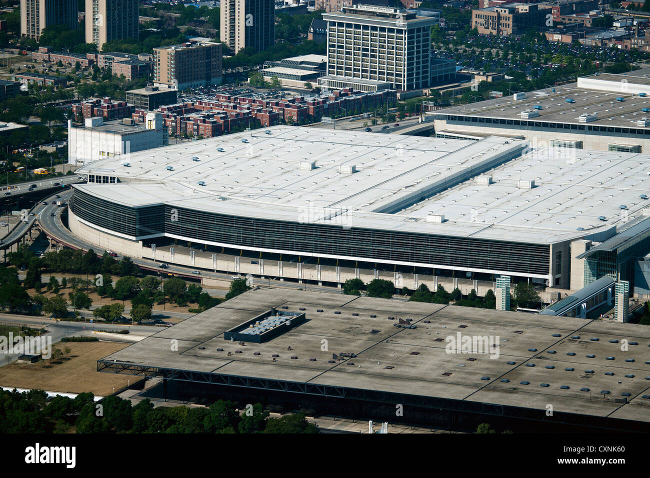 Photographie aérienne du centre de congrès McCormick Place, Chicago, Illinois Banque D'Images